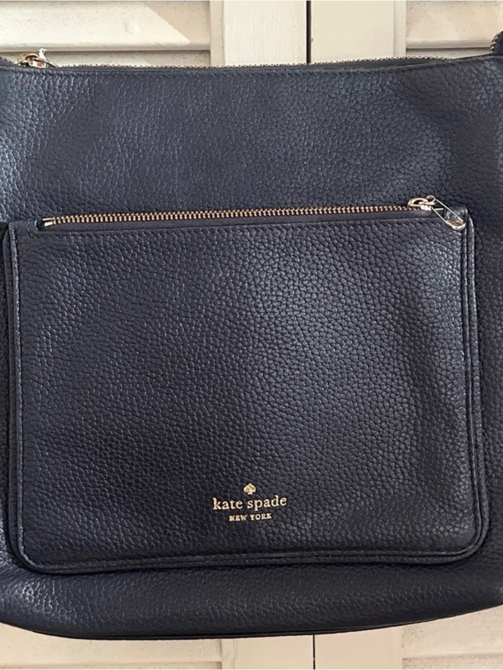 Kate Spade Navy Blue Pebbled Leather Messenger Bag with Front Zip Pocket
